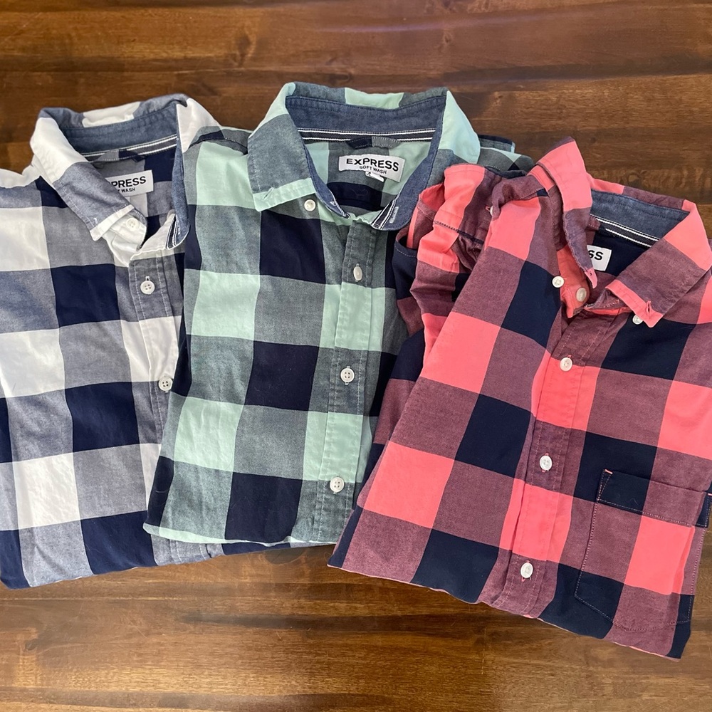 Men’s Express Plaid Button Up Dress Shirts SET OF THREE- white, blue, pink, navy